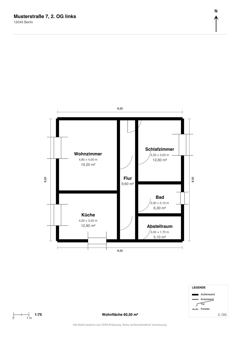 PDF-Export einer Dreizimmerwohnung: Titelblock mit Adresse, Nordpfeil, bemaßter Grundriss mit Wohnzimmer 19,20 m², Küche 12,80 m², Schlafzimmer 12,60 m², Bad 6,30 m², Flur 9,60 m² und Abstellraum 5,10 m², Legende, Maßstab 1:75 und Fußzeile mit der Wohnfläche 60,50 Quadratmeter.